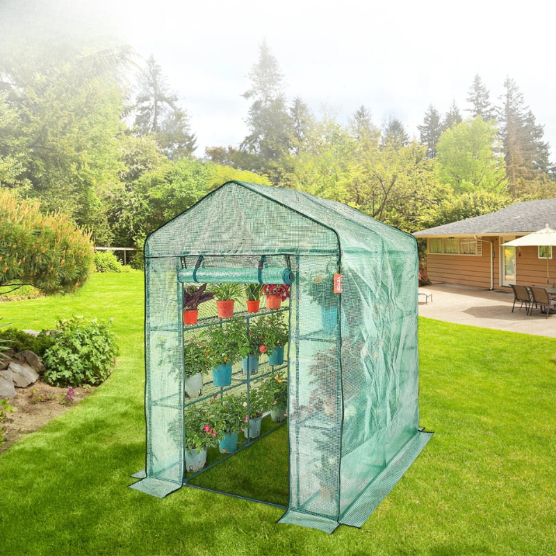 SucceBuy Walk-In Greenhouse with Shelves – Durable PE Cover, Steel Frame, Roll-Up Doors & Windows for Indoor/Outdoor Gardening & Plant Protection