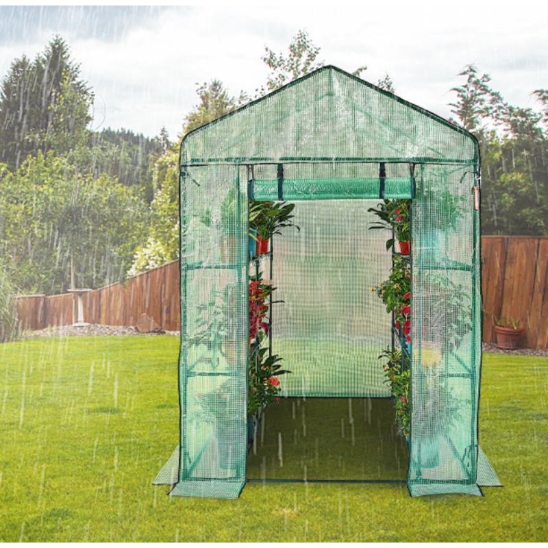 SucceBuy Walk-In Greenhouse with Shelves – Durable PE Cover, Steel Frame, Roll-Up Doors & Windows for Indoor/Outdoor Gardening & Plant Protection