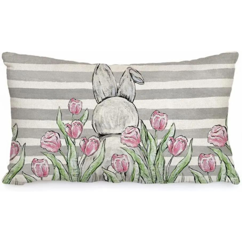 Cute Easter Bunny Eggs Decorative Pillow Cover – Linen, 30x50cm for Sofa, Chair, Bed, or Car