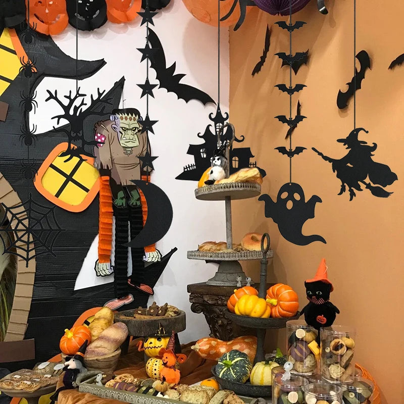 6pcs Halloween Hanging Banner Garland – Spider, Witch, Ghost & Bat Decorations for Home & Party