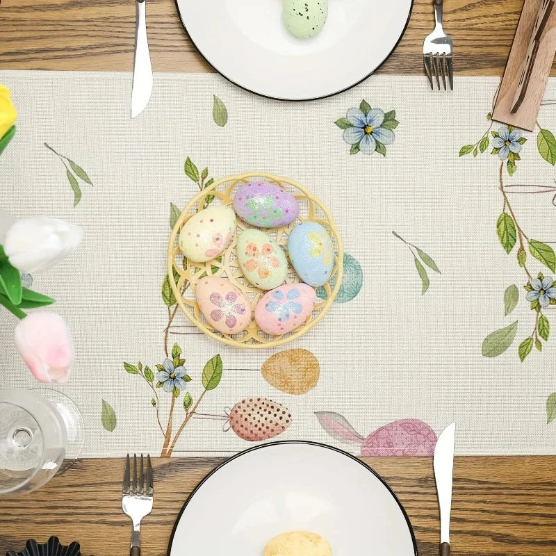 Easter Bunny Colorful Egg Linen Table Runner – Farmhouse Table Décor for Spring Parties