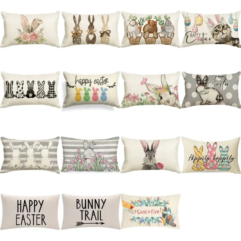 Cute Easter Bunny Eggs Decorative Pillow Cover – Linen, 30x50cm for Sofa, Chair, Bed, or Car