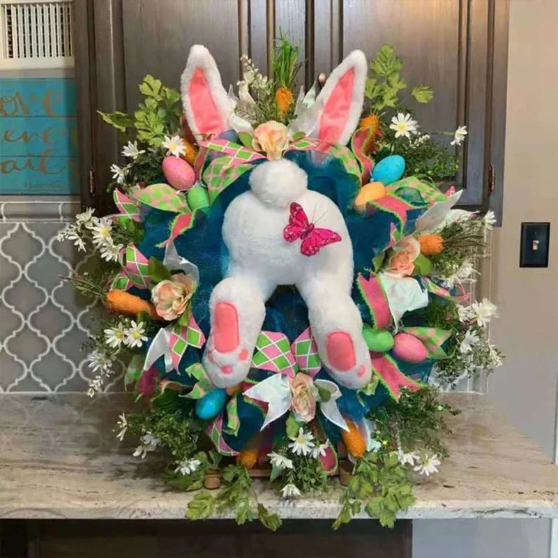 Easter Bunny Wreath for Front Door – 45×40 cm Rabbit Ornament with Ribbon Décor – Spring Easter Door Decoration