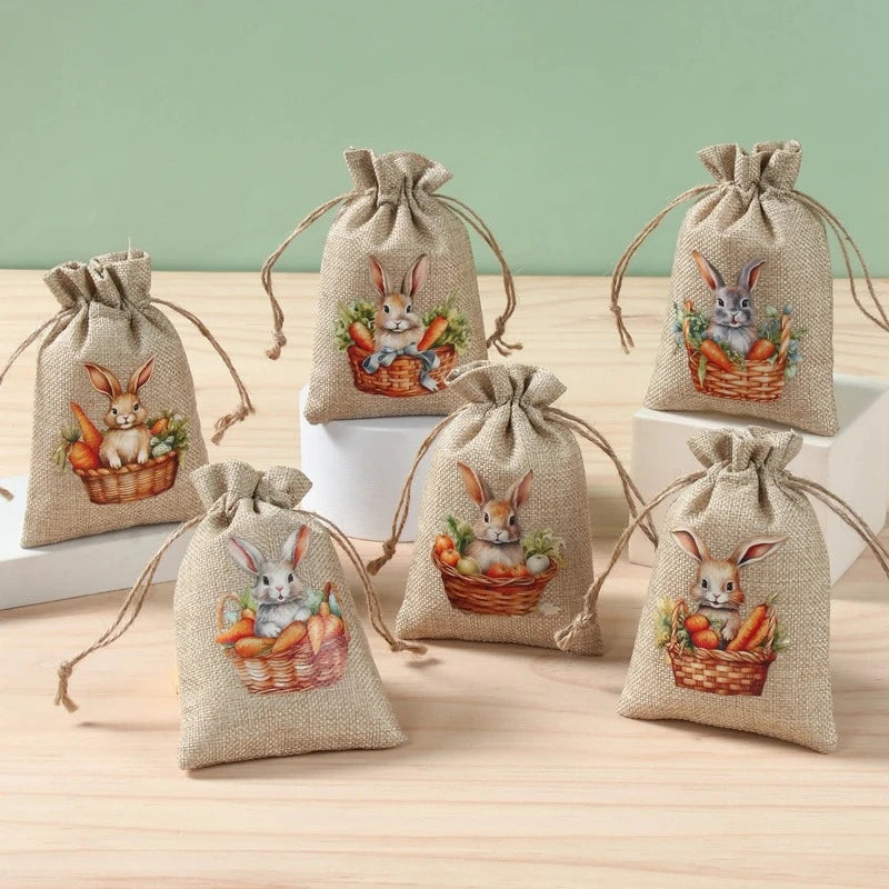 6Pcs Easter Linen Gift Bag: Bunny Candy Cookie Packing Bags for Spring Party Favors, Kids' Birthday, and Easter Gifts