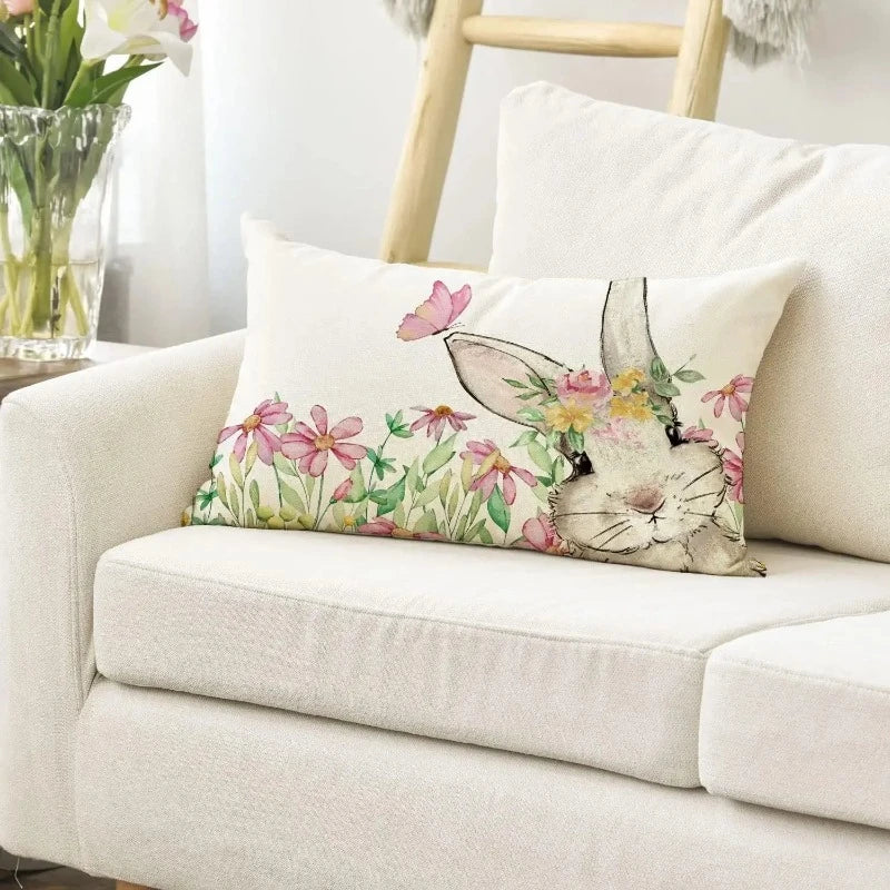Cute Easter Bunny Eggs Decorative Pillow Cover – Linen, 30x50cm for Sofa, Chair, Bed, or Car