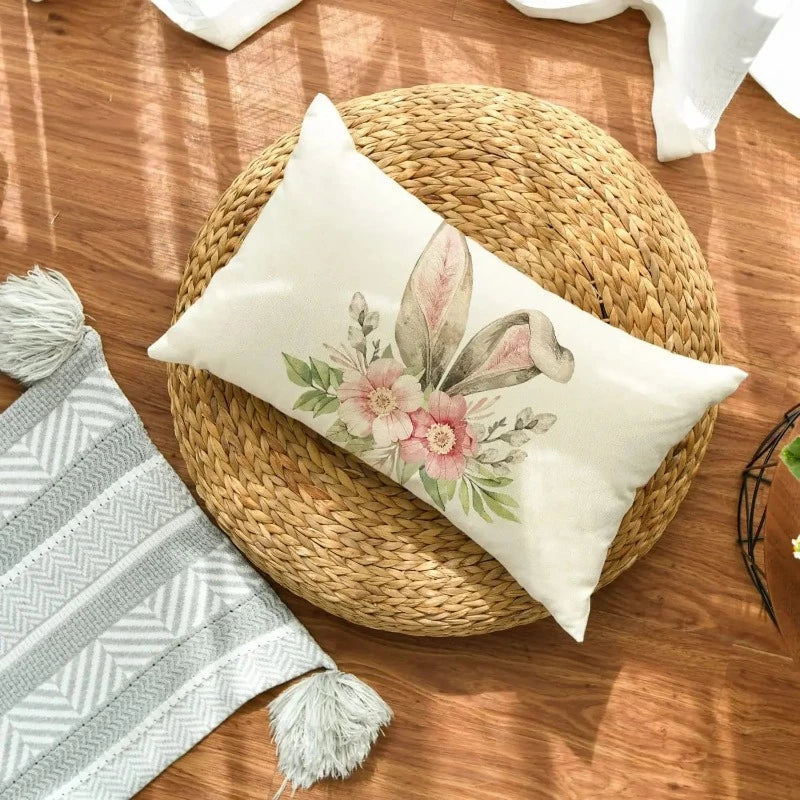 Cute Easter Bunny Eggs Decorative Pillow Cover – Linen, 30x50cm for Sofa, Chair, Bed, or Car
