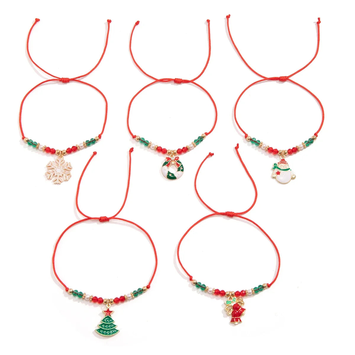 5PCS Christmas Crystal Charm Bracelet Set – Snowflake, Tree & Beaded Adjustable Rope Bracelets for Women