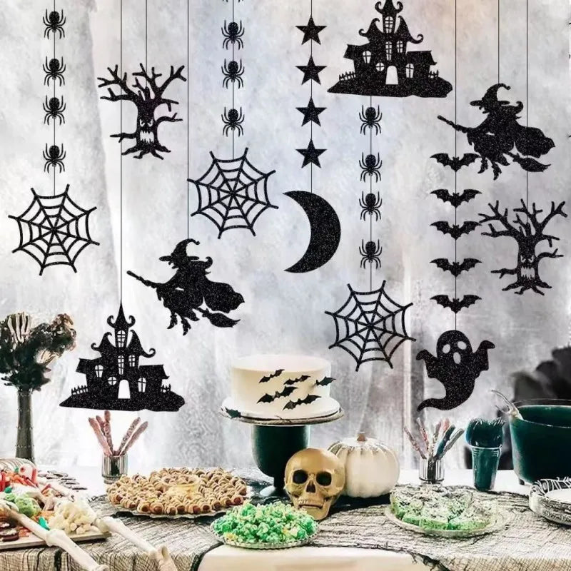 6pcs Halloween Hanging Banner Garland – Spider, Witch, Ghost & Bat Decorations for Home & Party