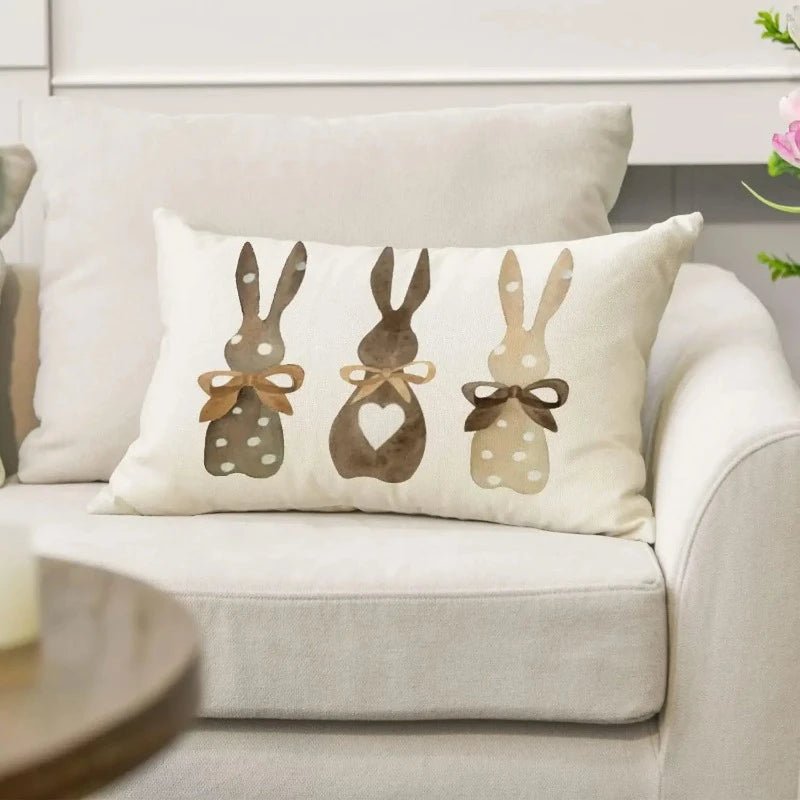 Cute Easter Bunny Eggs Decorative Pillow Cover – Linen, 30x50cm for Sofa, Chair, Bed, or Car