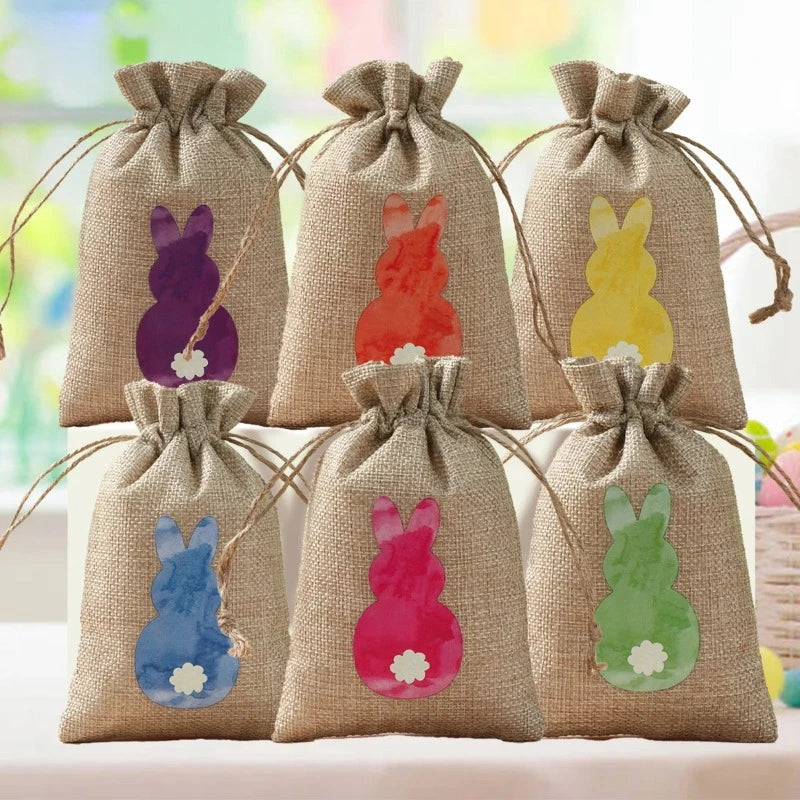 6Pcs Easter Linen Gift Bag: Bunny Candy Cookie Packing Bags for Spring Party Favors, Kids' Birthday, and Easter Gifts