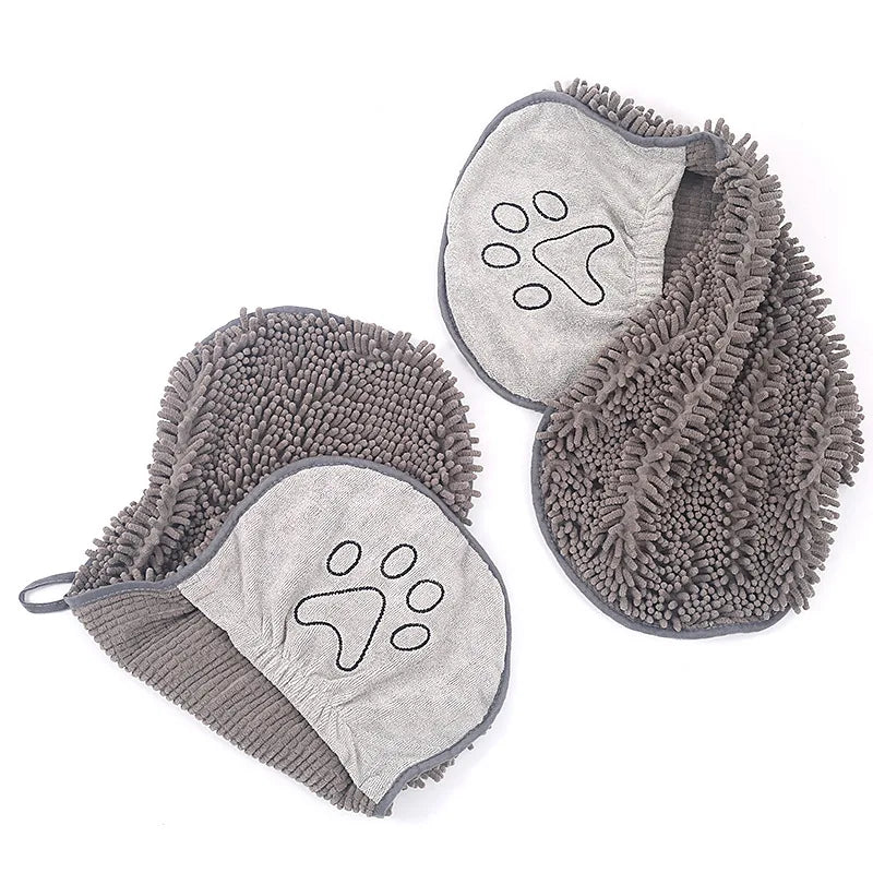Soft Pet Dog Towels Set: Chenille Shammy Towel with Hand Pockets - Super Absorbent Dog Bath Blanket