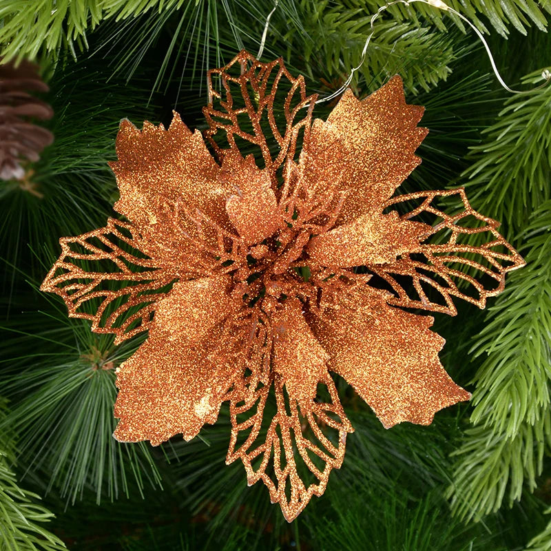 5pcs Glitter Artificial Christmas Flowers – 9-16cm Xmas Tree Decorations, Home Décor Ornaments, Fake Flowers for New Year & Holiday Décor