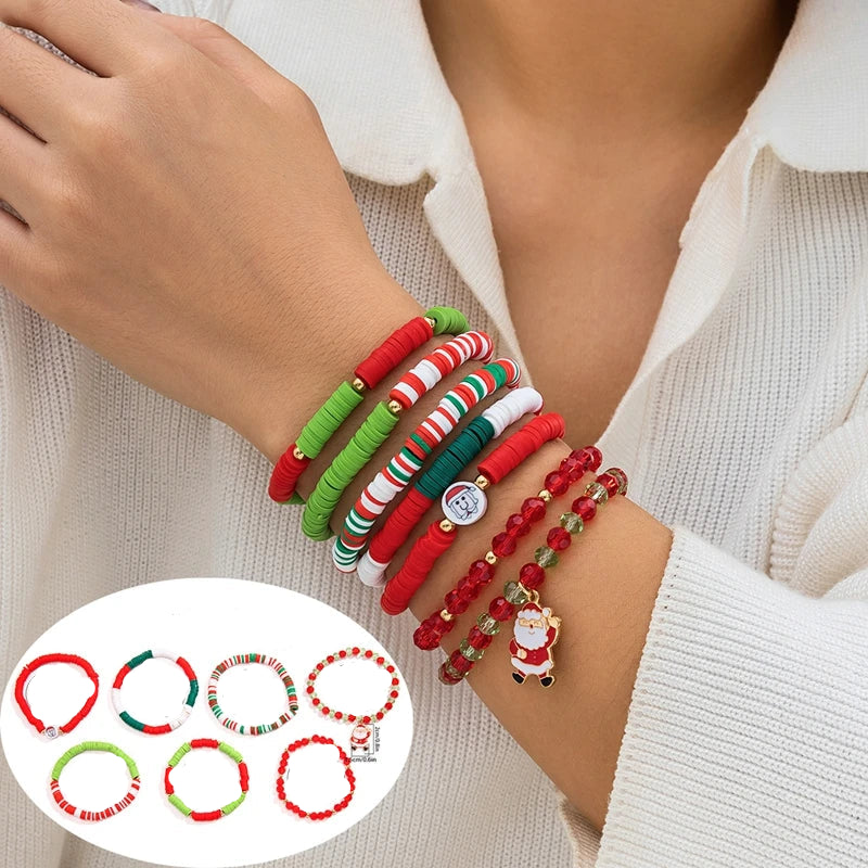 5PCS Christmas Crystal Charm Bracelet Set – Snowflake, Tree & Beaded Adjustable Rope Bracelets for Women