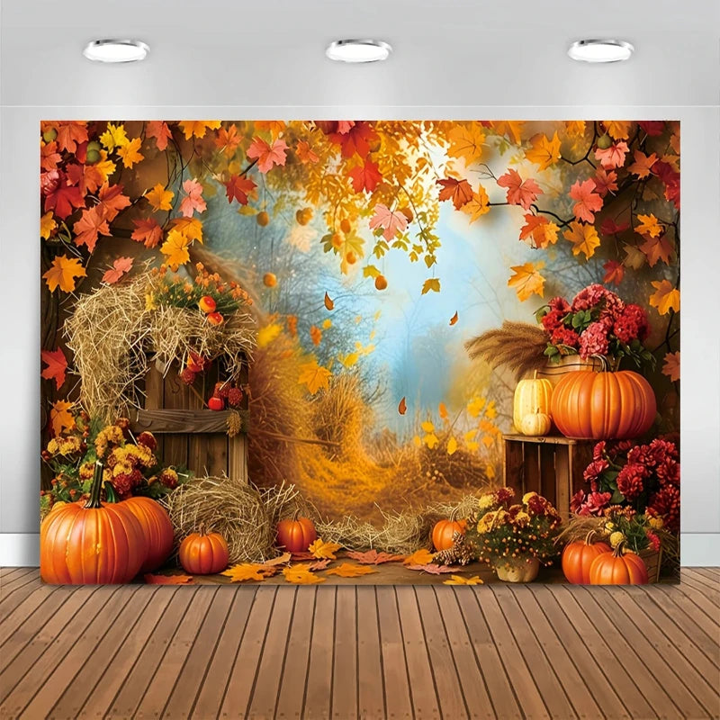 Fall Harvest Pumpkin Barn Backdrop – Autumn Maple Leaves Thanksgiving Photography Background for Festivals, Parties & Photo Shoots