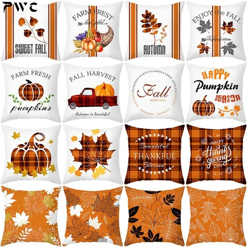 Autumn Maple Leaf Pumpkin Throw Pillow Cover – 45x45cm Fall Cushion Case for Home Décor & Thanksgiving Decorations