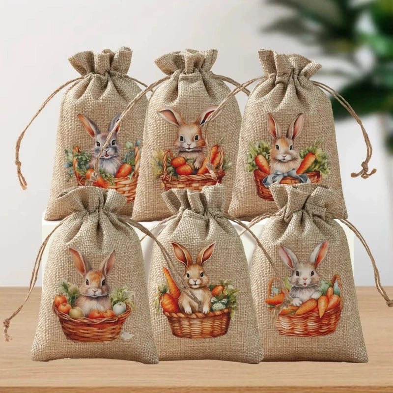 6Pcs Easter Linen Gift Bag: Bunny Candy Cookie Packing Bags for Spring Party Favors, Kids' Birthday, and Easter Gifts