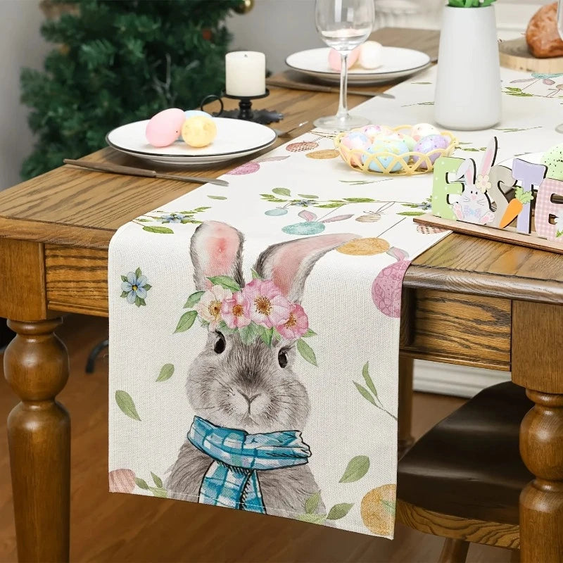 Easter Bunny Colorful Egg Linen Table Runner – Farmhouse Table Décor for Spring Parties