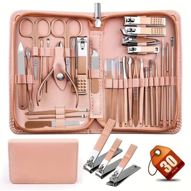 30-Piece Professional Nail Clippers Manicure & Pedicure Set with Portable Travel Case β Stainless Steel Cuticle Nippers & Precision Nail Care Kit