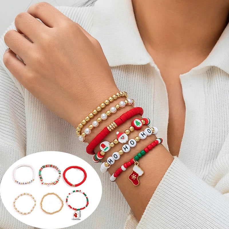 5PCS Christmas Crystal Charm Bracelet Set – Snowflake, Tree & Beaded Adjustable Rope Bracelets for Women