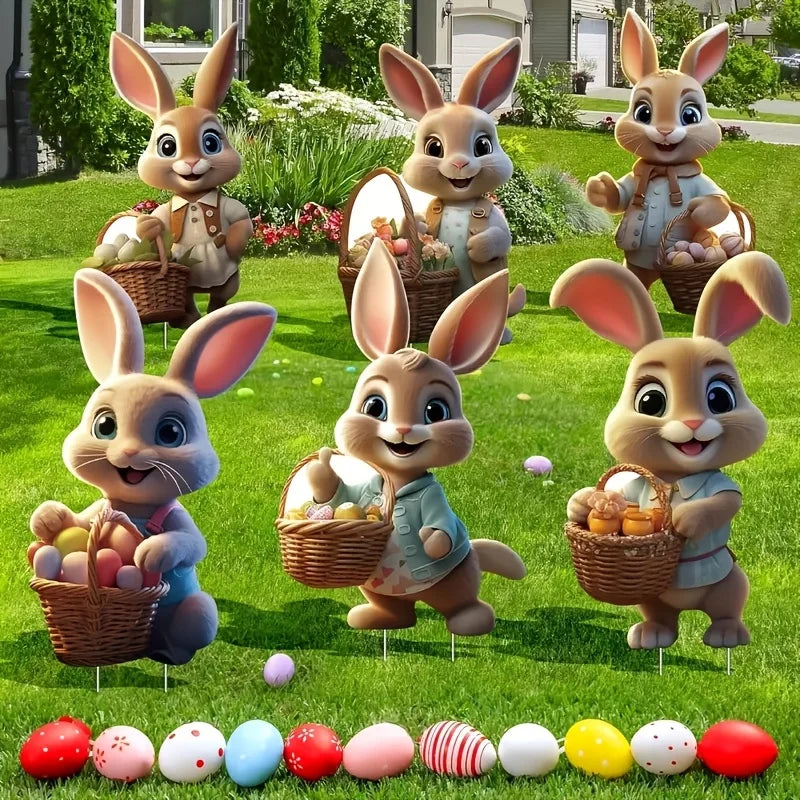 6-Piece Vintage Easter Bunny Garden Decoration Set with Stakes – Adorable Spring & Easter Rabbit Lawn Decor with Colorful Eggs