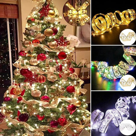 Christmas Ribbon Fairy Light String Christmas Tree Ornaments Lamp String Lights Garland Lace Bow For Navidad New Year Home Decor - novelvine