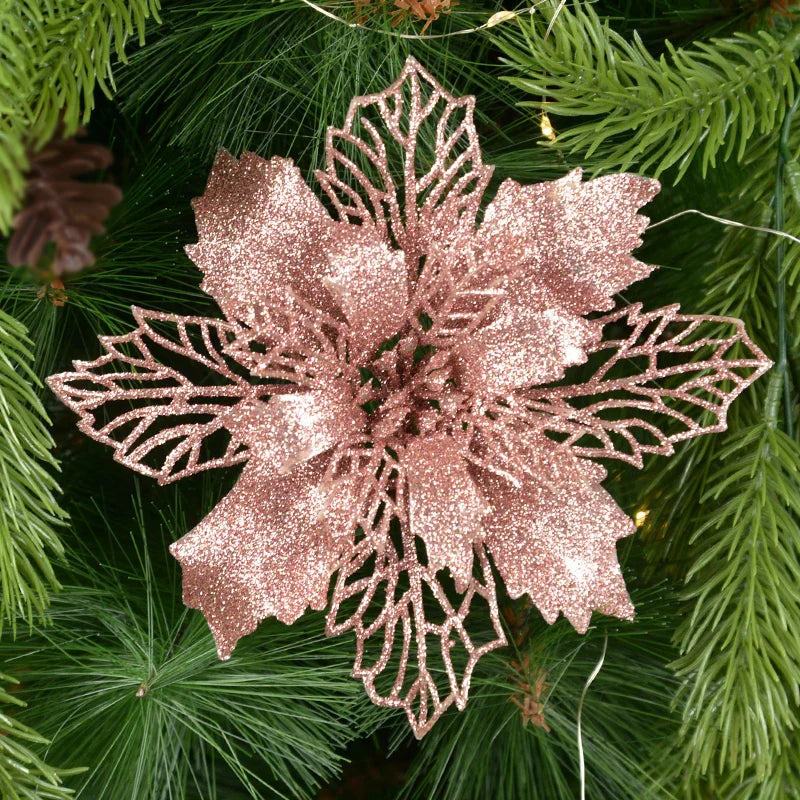 5pcs Glitter Artificial Christmas Flowers – 9-16cm Xmas Tree Decorations, Home Décor Ornaments, Fake Flowers for New Year & Holiday Décor