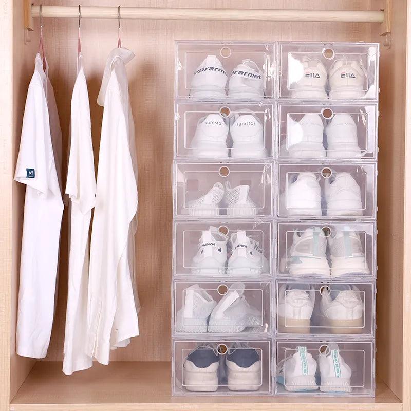 6pcs/Set Fold Plastic Shoes Case Thickened Transparent Drawer Case Plastic Shoe Boxes Stackable Box Shoe Organizer Shoebox - novelvine