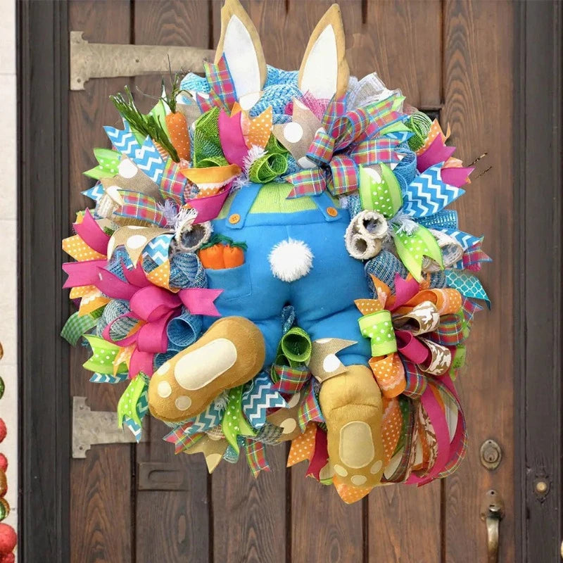 Easter Bunny Wreath for Front Door – 45×40 cm Rabbit Ornament with Ribbon Décor – Spring Easter Door Decoration
