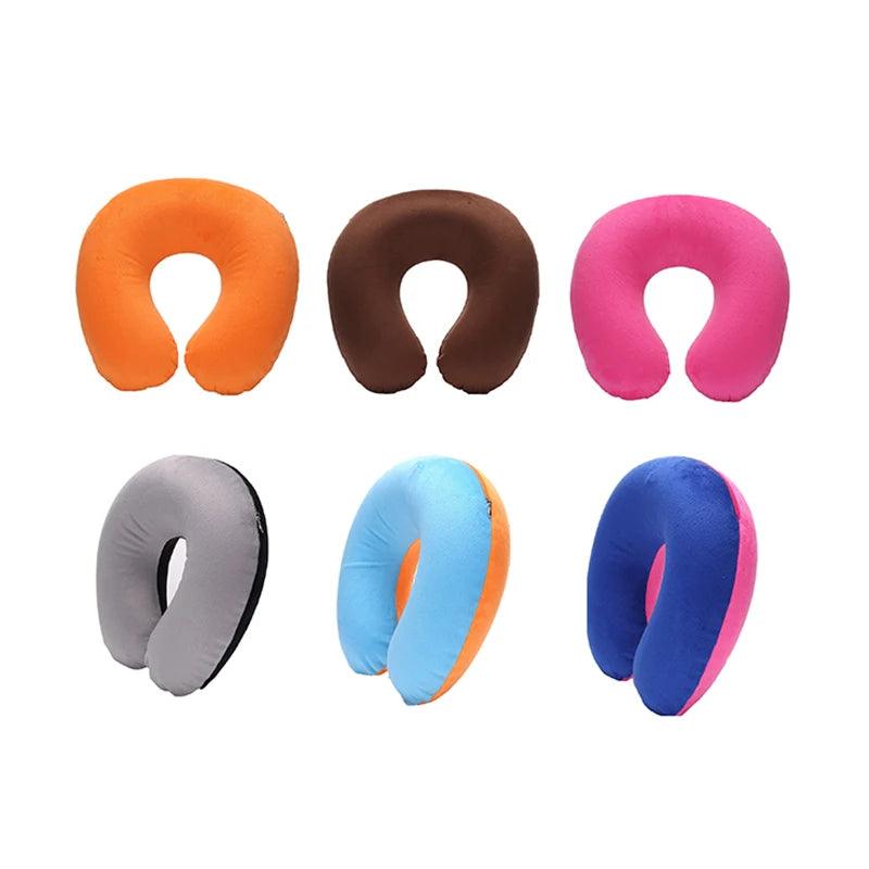 U-shaped Travel Pillow Car Air Flight Office Inflatable Neck Pillow Short Plush Cover PVC Support Headrest Soft Nursing Cushion - novelvine