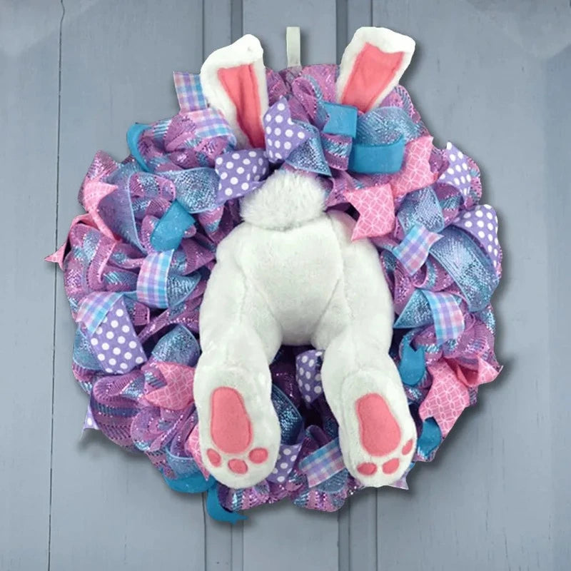 Easter Bunny Wreath for Front Door – 45×40 cm Rabbit Ornament with Ribbon Décor – Spring Easter Door Decoration