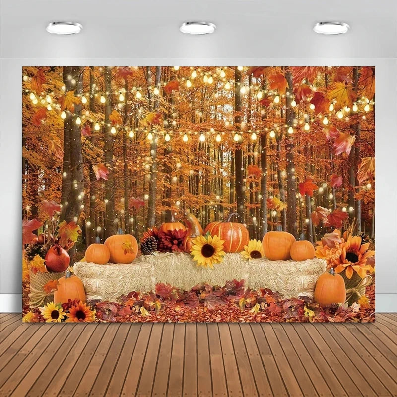 Fall Harvest Pumpkin Barn Backdrop – Autumn Maple Leaves Thanksgiving Photography Background for Festivals, Parties & Photo Shoots