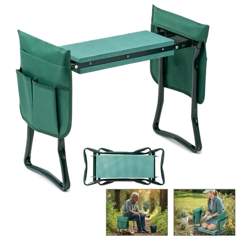 Foldable Garden Kneeler and Seat with Thicker Foam Pad – Heavy Duty Green Bench with Tool Pouch – Multi-Purpose Gardening & Fishing Stool Gift