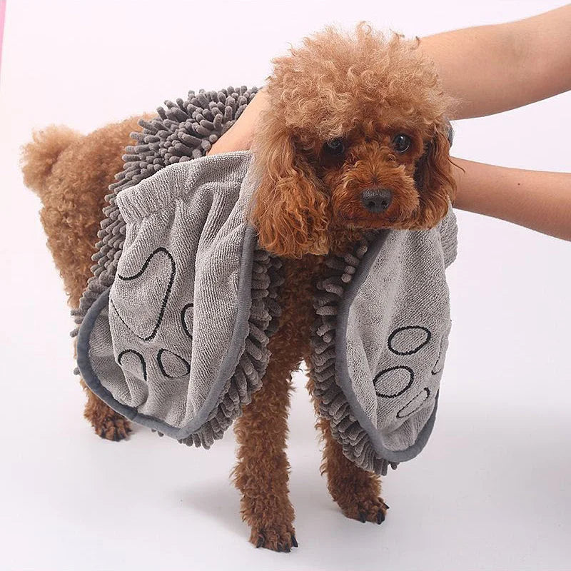 Soft Pet Dog Towels Set: Chenille Shammy Towel with Hand Pockets - Super Absorbent Dog Bath Blanket