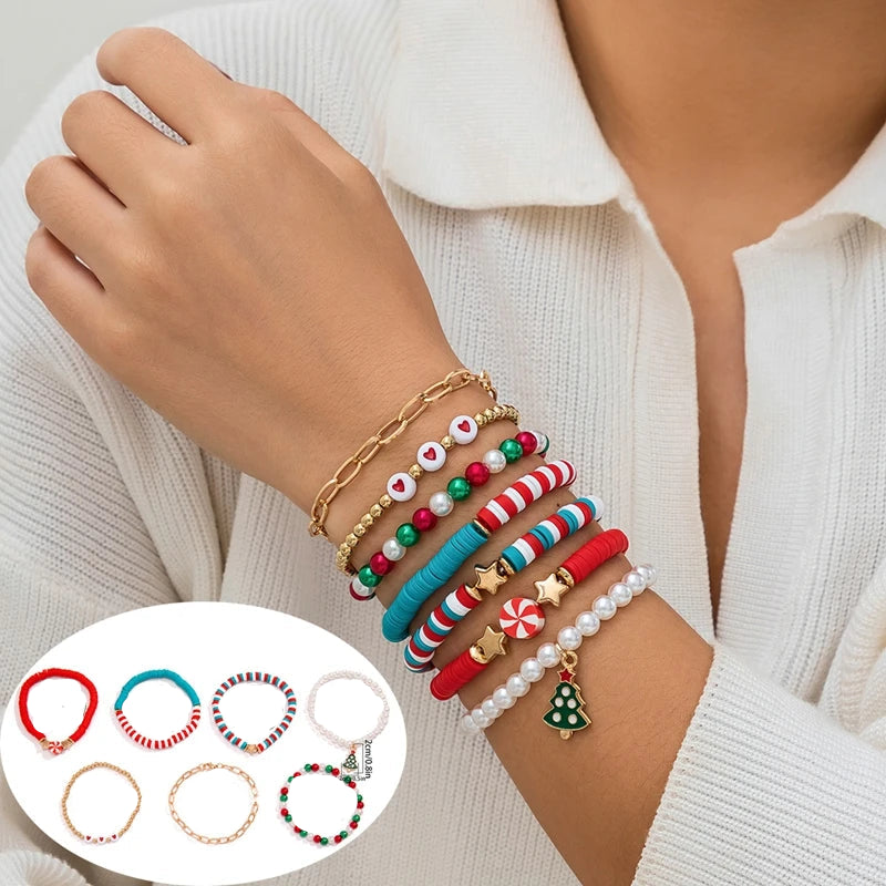 5PCS Christmas Crystal Charm Bracelet Set – Snowflake, Tree & Beaded Adjustable Rope Bracelets for Women