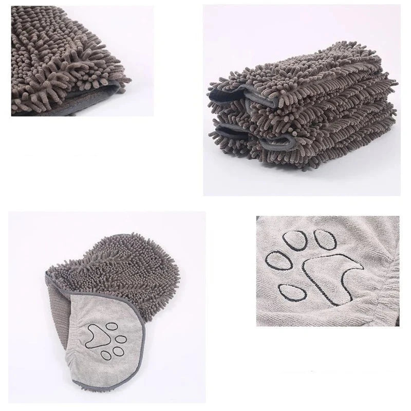 Soft Pet Dog Towels Set: Chenille Shammy Towel with Hand Pockets - Super Absorbent Dog Bath Blanket
