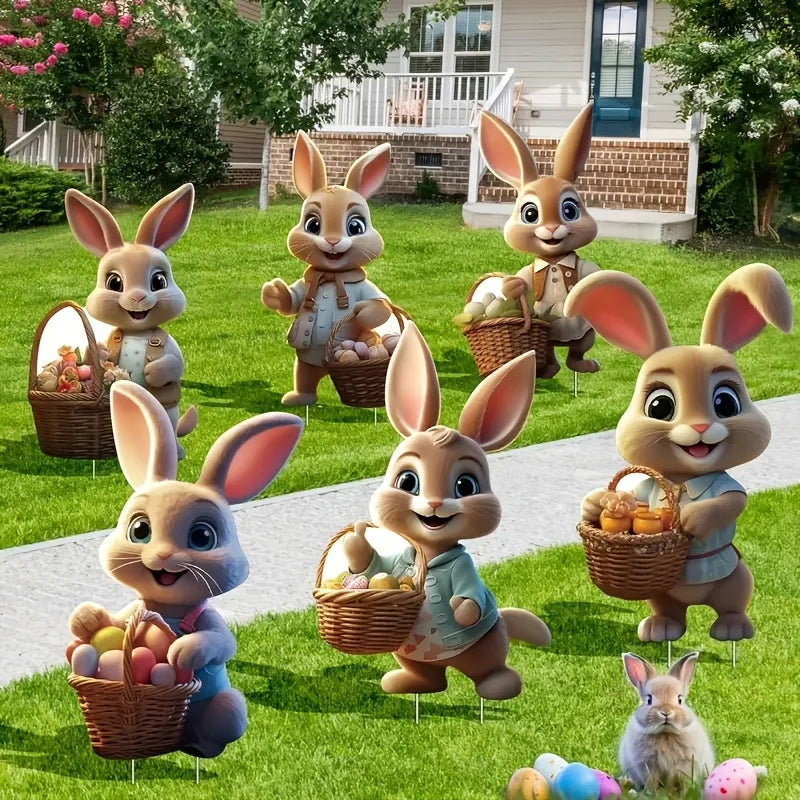 6-Piece Vintage Easter Bunny Garden Decoration Set with Stakes – Adorable Spring & Easter Rabbit Lawn Decor with Colorful Eggs