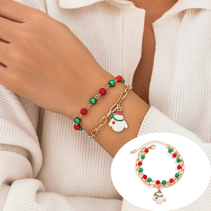 5PCS Christmas Crystal Charm Bracelet Set – Snowflake, Tree & Beaded Adjustable Rope Bracelets for Women
