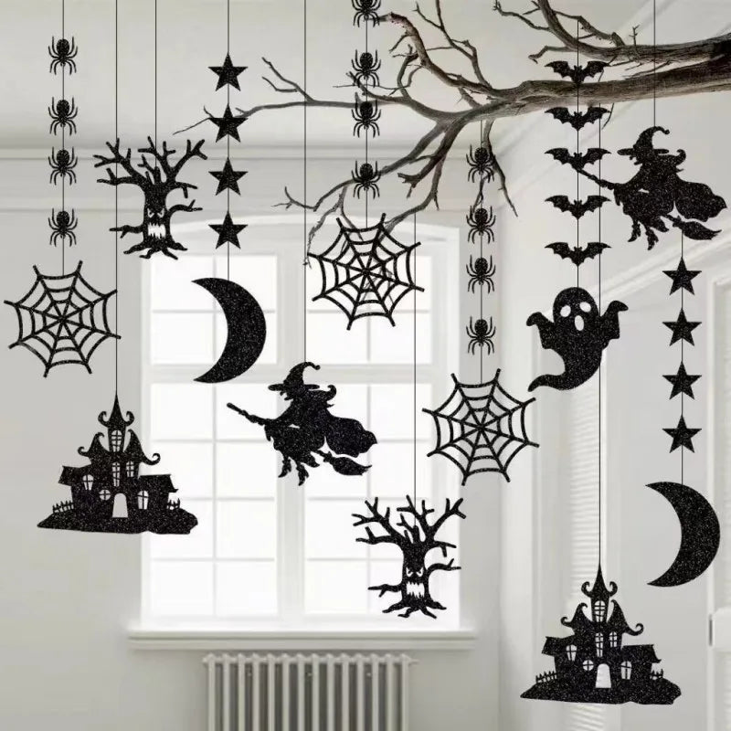 6pcs Halloween Hanging Banner Garland – Spider, Witch, Ghost & Bat Decorations for Home & Party