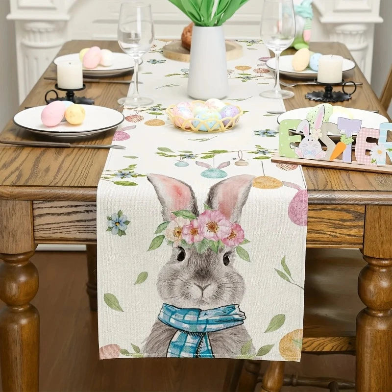 Easter Bunny Colorful Egg Linen Table Runner – Farmhouse Table Décor for Spring Parties