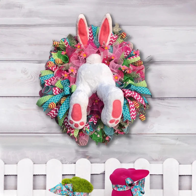 Easter Bunny Wreath for Front Door – 45×40 cm Rabbit Ornament with Ribbon Décor – Spring Easter Door Decoration