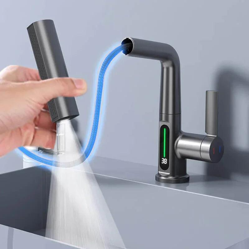 Pulling Lifting Digital Display Faucet Bathroom Smart Temp Tap 360 Rotating Faucet 5Sprayer Water Saving Hot Cold Washbasin Faucet - novelvine