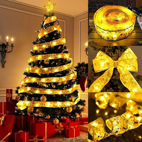Christmas Ribbon Fairy Light String Christmas Tree Ornaments Lamp String Lights Garland Lace Bow For Navidad New Year Home Decor - novelvine