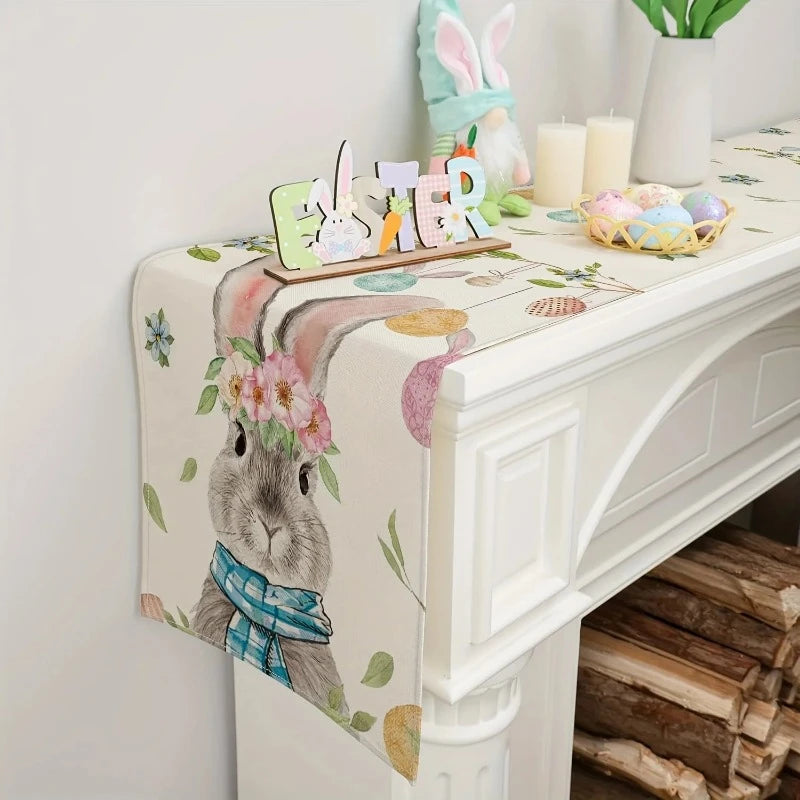 Easter Bunny Colorful Egg Linen Table Runner – Farmhouse Table Décor for Spring Parties
