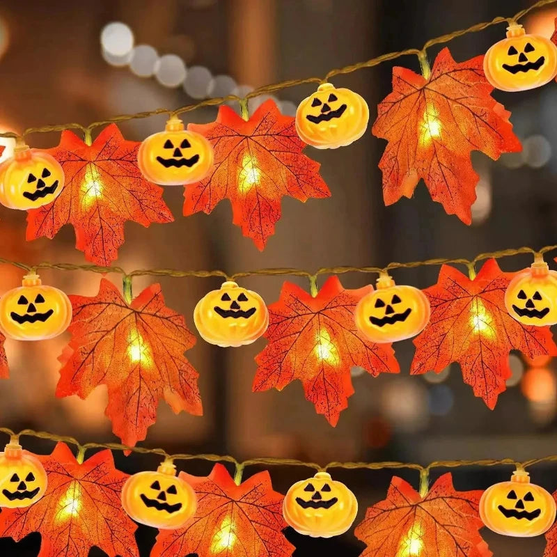 Autumn Maple Leaf & Pumpkin Garland with LED Lights – Fall Harvest, Thanksgiving & Halloween Home Décor