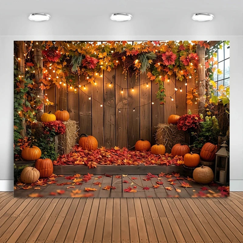 Fall Harvest Pumpkin Barn Backdrop – Autumn Maple Leaves Thanksgiving Photography Background for Festivals, Parties & Photo Shoots
