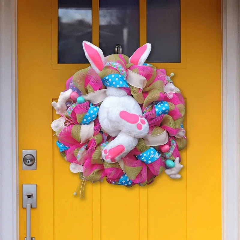 Easter Bunny Wreath for Front Door – 45×40 cm Rabbit Ornament with Ribbon Décor – Spring Easter Door Decoration