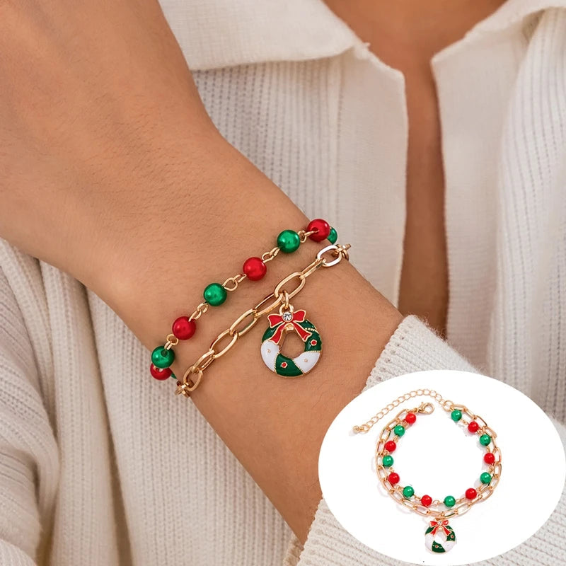 5PCS Christmas Crystal Charm Bracelet Set – Snowflake, Tree & Beaded Adjustable Rope Bracelets for Women
