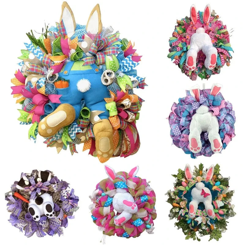 Easter Bunny Wreath for Front Door – 45×40 cm Rabbit Ornament with Ribbon Décor – Spring Easter Door Decoration