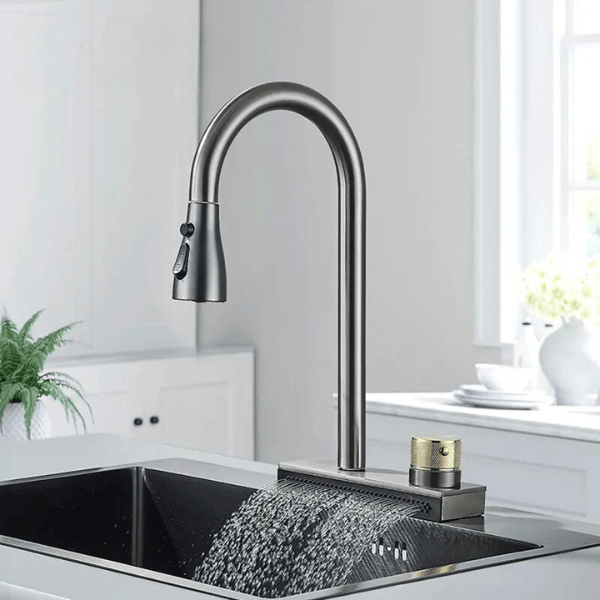 Kitchen Faucet Flexible Pull Out 3 Way Nozzle Gourmet Kitchen Faucets Black Rain Waterfall Kitchen Sink Mixer Tap Crane - novelvine