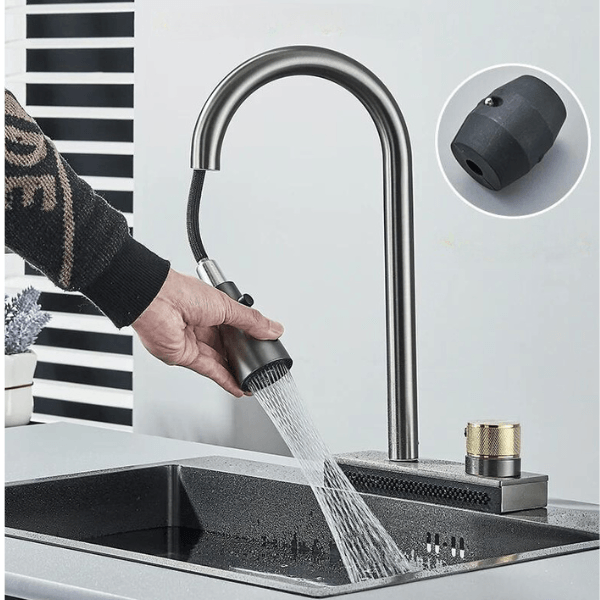Kitchen Faucet Flexible Pull Out 3 Way Nozzle Gourmet Kitchen Faucets Black Rain Waterfall Kitchen Sink Mixer Tap Crane - novelvine
